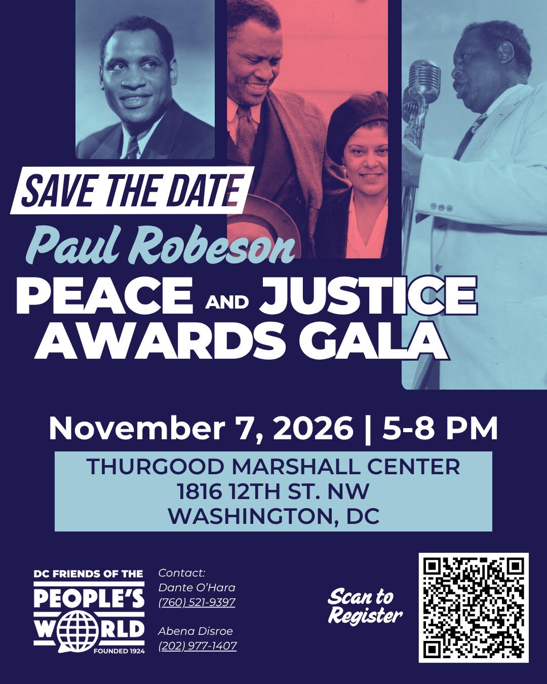 Save the Date — Paul Robeson Peace and Justice Awards Gala, November 7, 2026, 5–8 PM, Thurgood Marshall Center, 1816 12th St. NW, Washington, DC. Scan to register.